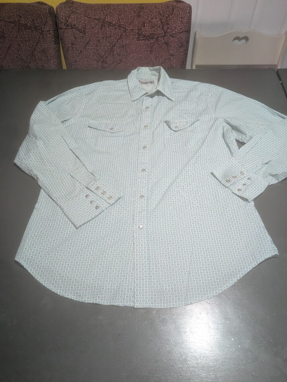 Wrangler Rancher Shirts Blue/Green Design Button Down Size Large 38" Shoulder